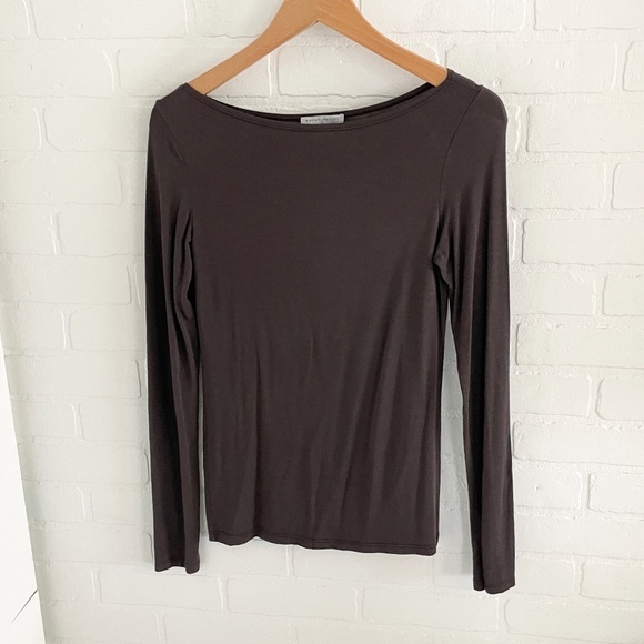 Sarah Pacini Long Sleeve top Semi-Sheer Boat neckline Taupe brown Minimalist S - Picture 3 of 8